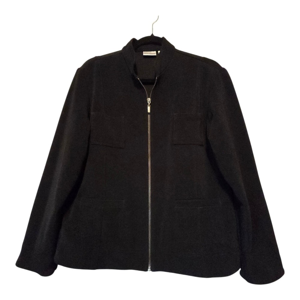 Chicos Slinky Zip Up Jacket Womens LG Black Wrinkle Free Travel Pockets Slimming